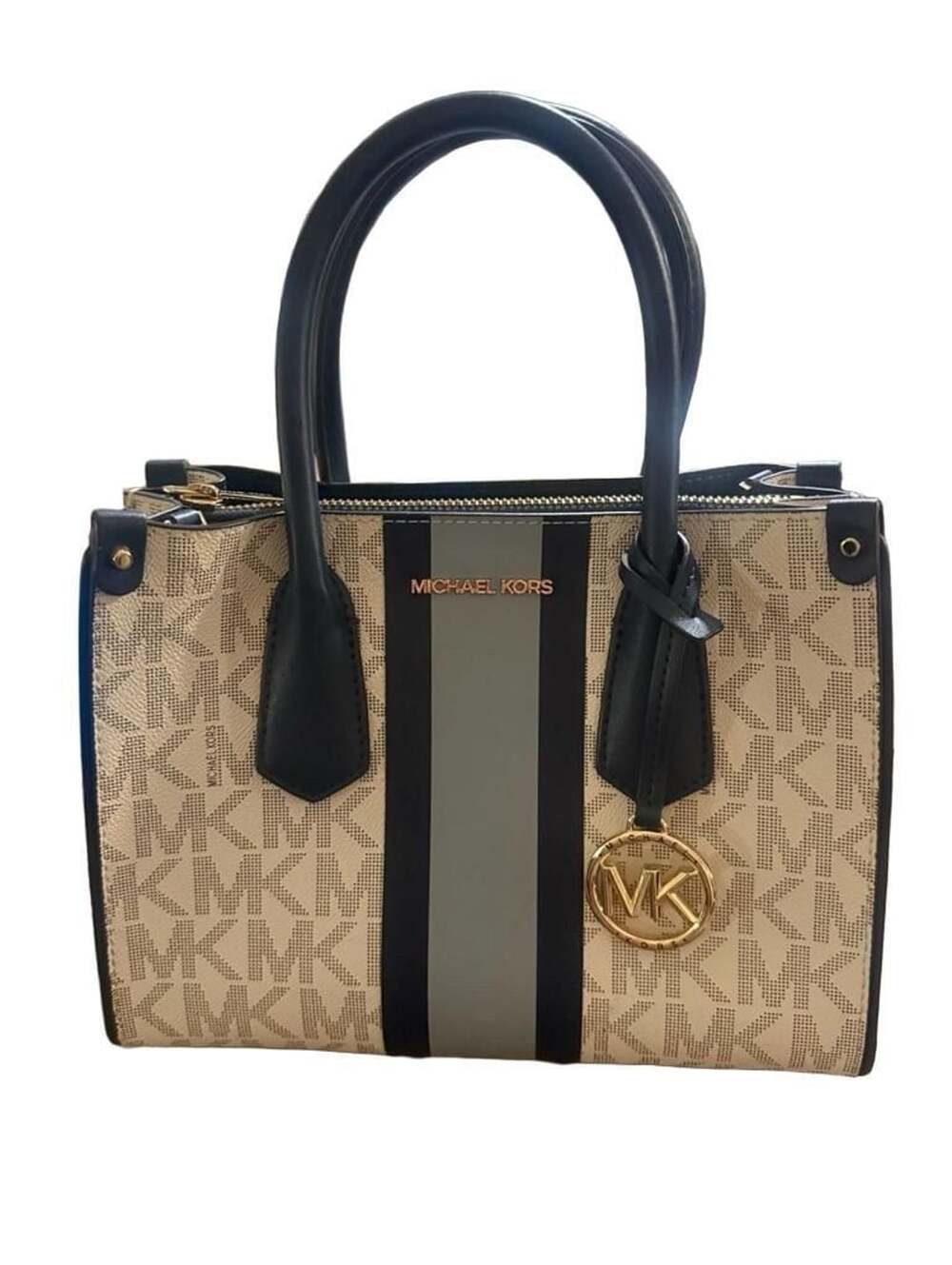 Michael Kors Signature Logo Stripe Small Satchel Tote Bag Vanilla Black